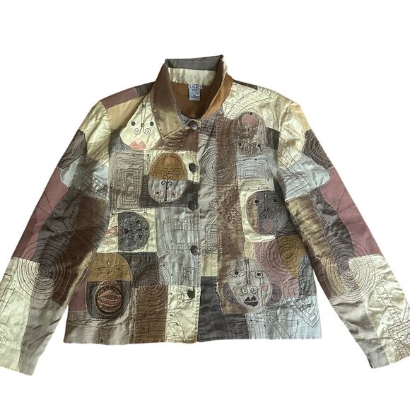 Vintage 80s Tribal Faces Patchwork Geometric Artistic Neutral Silk  Large Jacket - Picture 1 of 7